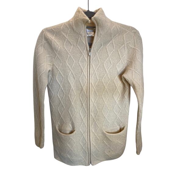 Cream Vintage Fisherman Wool Talbots Zip Up Cardigan Medium - Picture 1 of 6